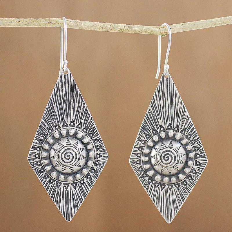 Karen Silver Dangle Earrings with Spiral Motifs, "Sunshine Diamonds"