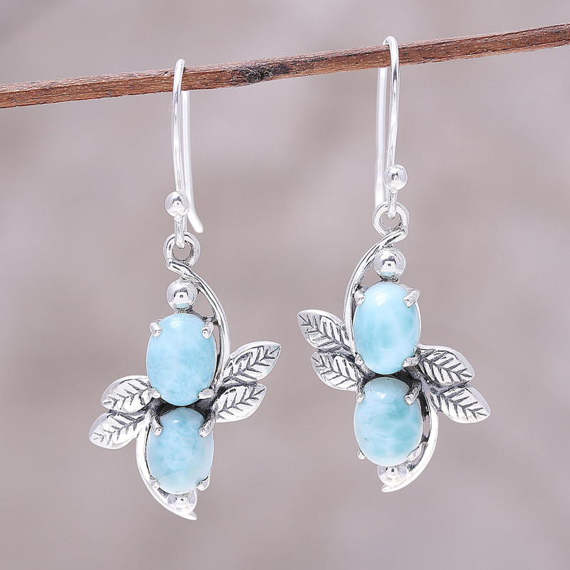 Larimar Ovals and Sterling Silver Leaves Dangle Earrings, "Sky Flower Duo"