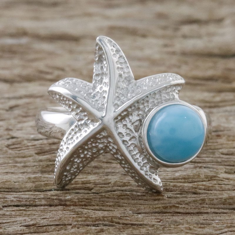 Larimar and Textured Sterling Silver Starfish Cocktail Ring, "Seaside Starfish"