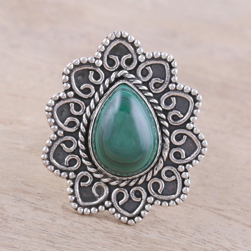 Malachite Teardrop and Sterling Silver Scrolls Cocktail Ring, "Tremendous"