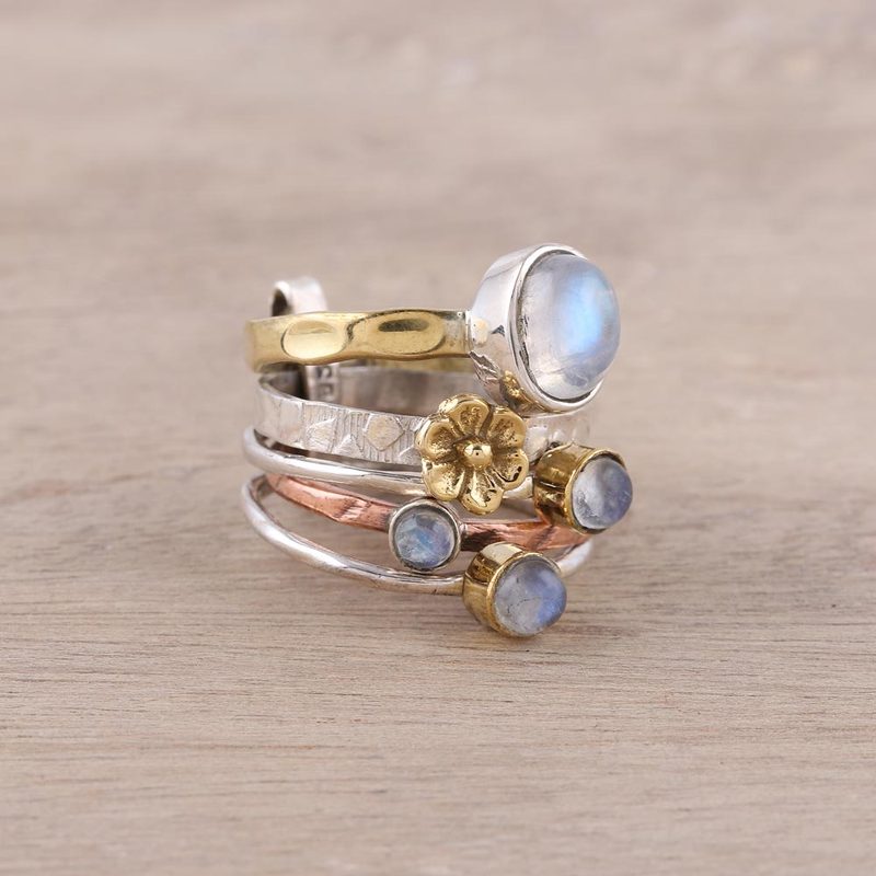 Mixed Metals Floral Rainbow Moonstone Ring from India, "Rain Flowers"