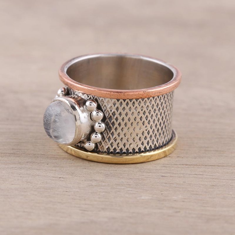 Mixed Metals Silver and Rainbow Moonstone Cocktail Ring, "Industrial Allure"