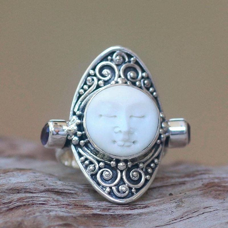 Amethyst and Bone Cocktail Ring Crafted in Bali, "Tranquil"