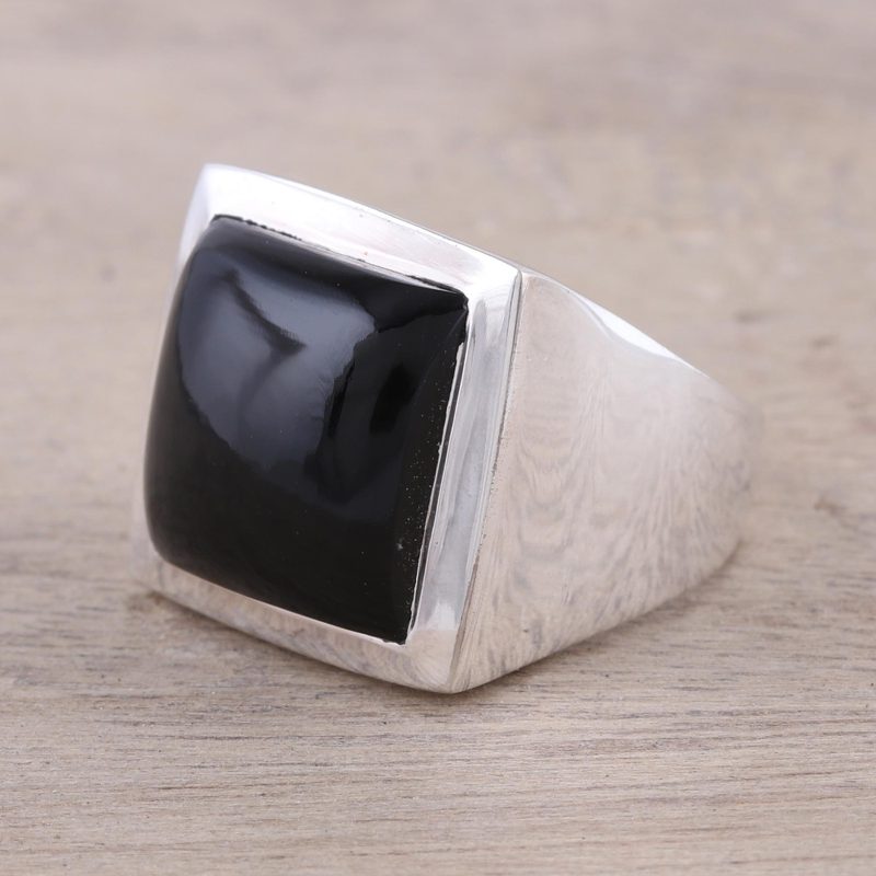 Modern Black Onyx Ring Crafted in India, "Might"
