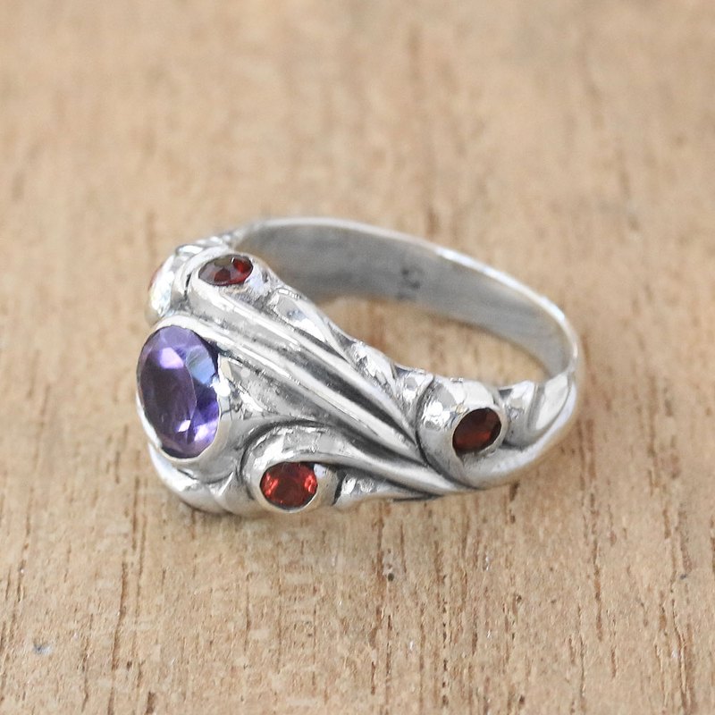 Amethyst and Garnet Cocktail Ring Crafted in Bali, "Forest Sprite"