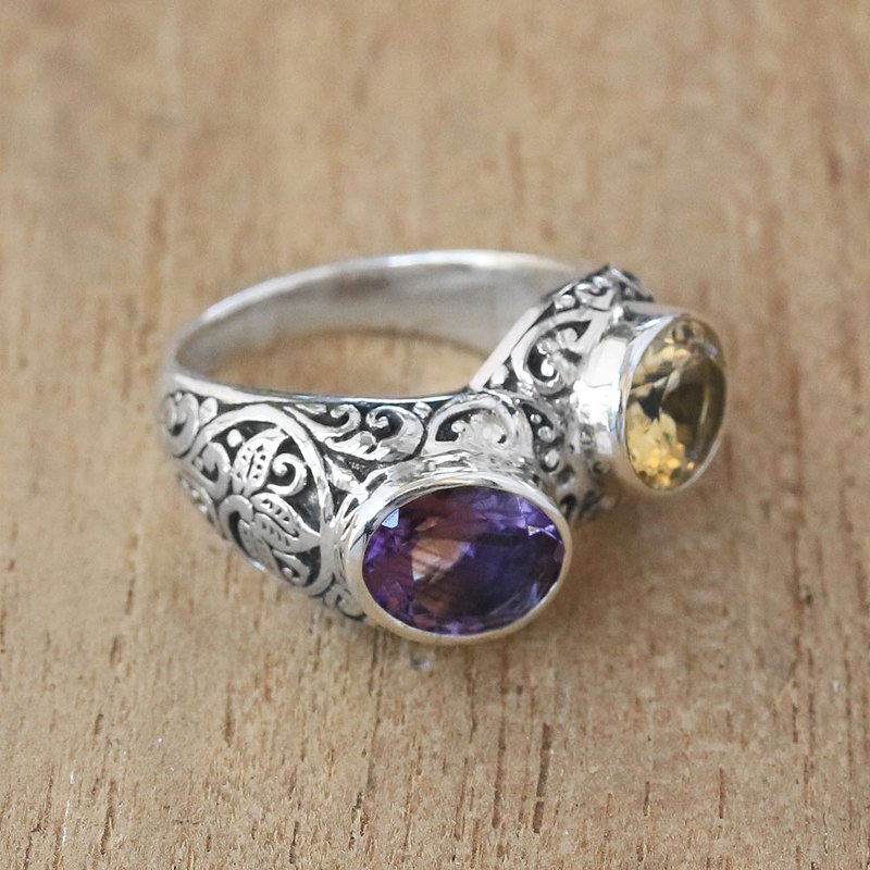 Amethyst and Citrine Cocktail Ring Crafted in Bali, "Sacred Wood"