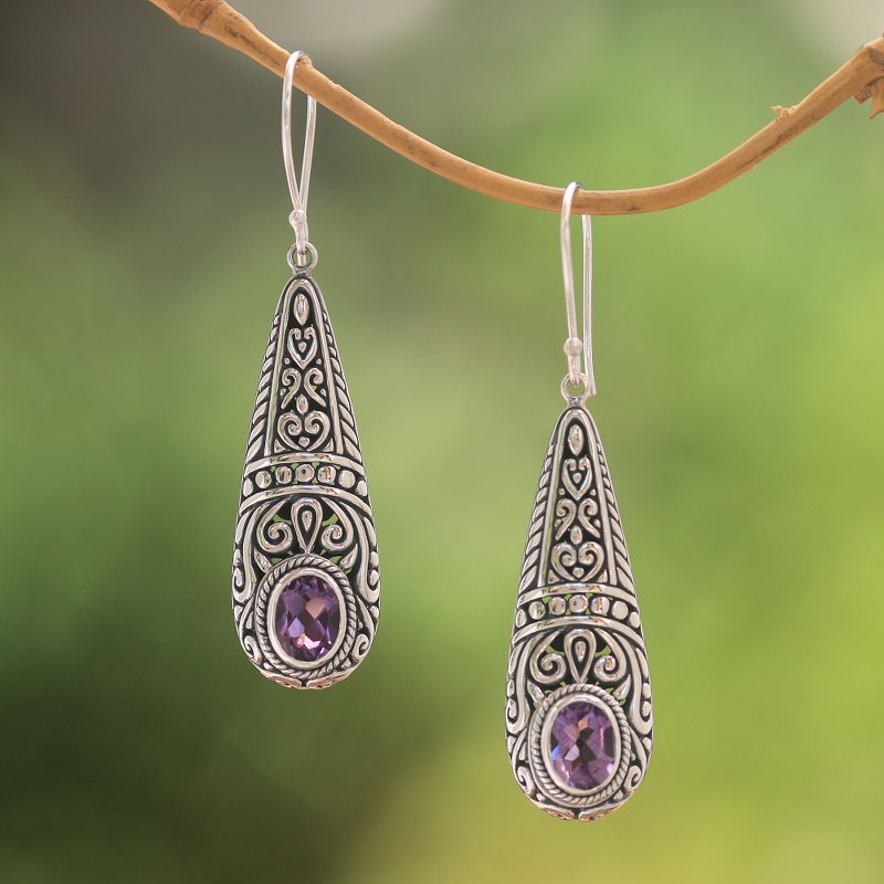 Sparkling Amethyst Dangle Earrings from Bali, "Sparkling Journey"
