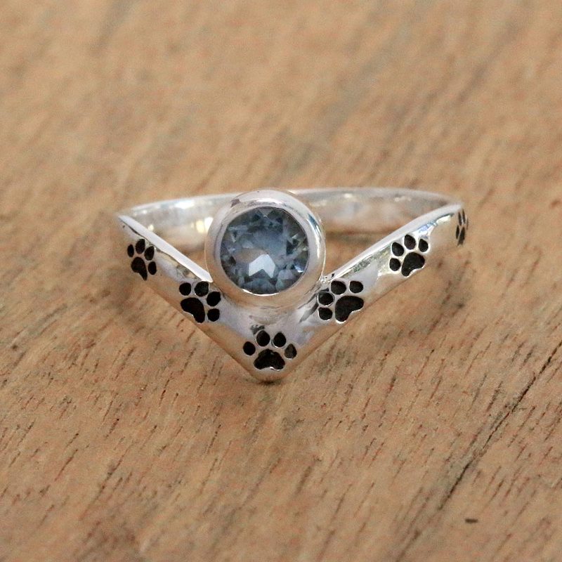 Paw Print Blue Topaz Cocktail Ring from Bali, "Puppy Chevron"