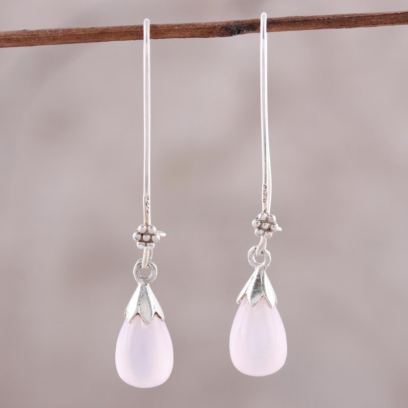 Pink Chalcedony and Sterling Silver Teardrop Dangle Earrings, "Graceful Tear in Pink"