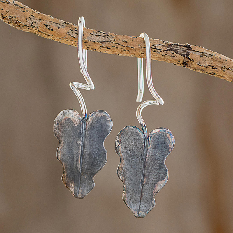 Oxidized Sterling Silver Leaf Earrings from Costa Rica, "Dark Twisting Leaves"