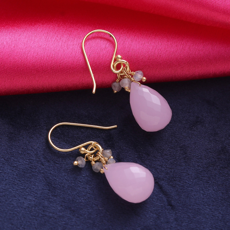 22k Gold Plated Rose Quartz and Labradorite Dangle Earrings, "Glittering Pink Drops"