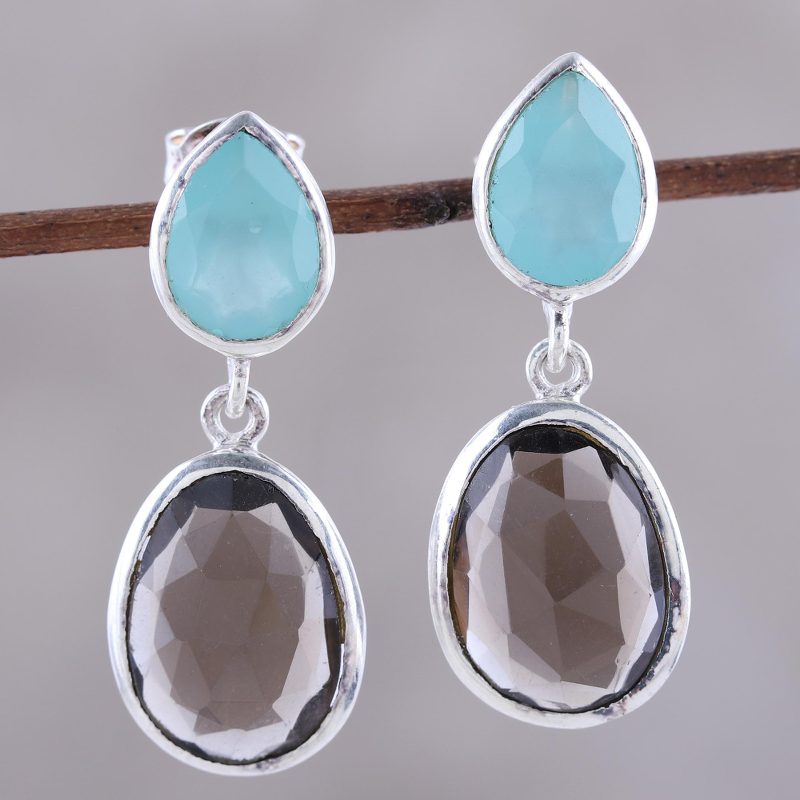 Smoky Quartz and Chalcedony Sterling Silver Dangle Earrings, "Dip Into Dusk"