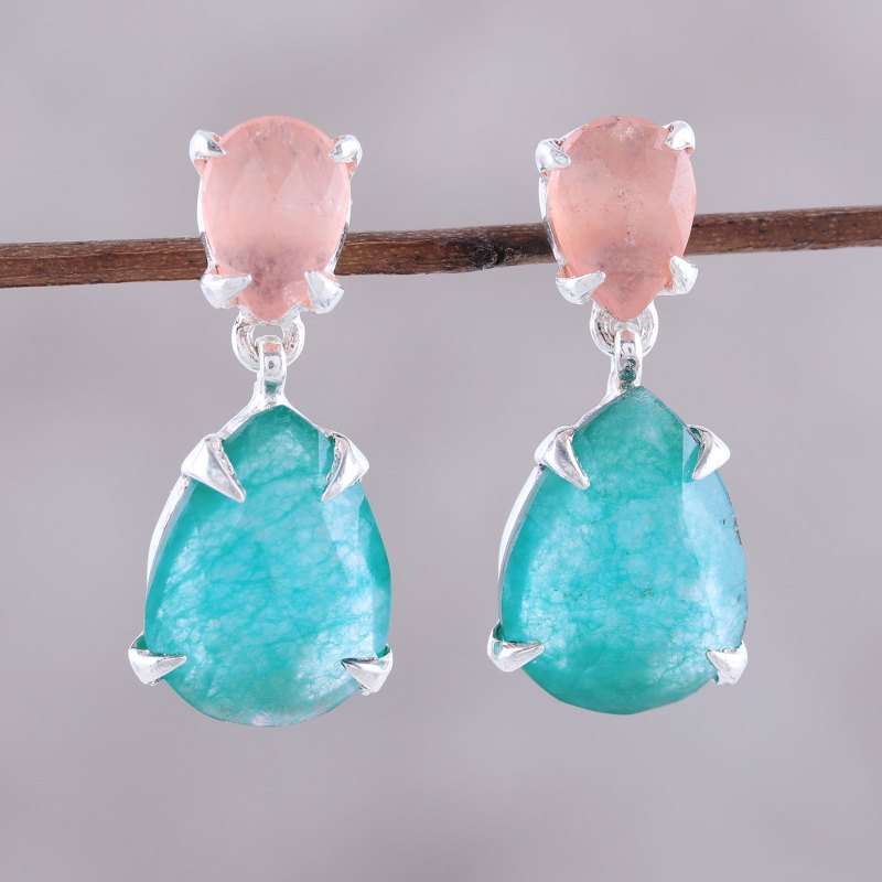 Peach and Blue Quartz Sterling Silver Dangle Earrings, "Meadow Dawn"