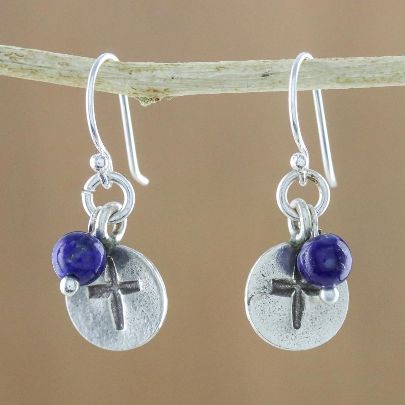 Lapis Lazuli Cross Dangle Earrings from Thailand, "Subtle Cross"