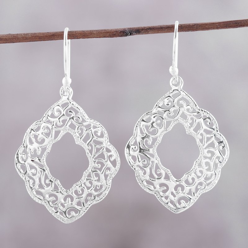 Wreath-Shaped Sterling Silver Dangle Earrings from India, "Mesh Wreath"