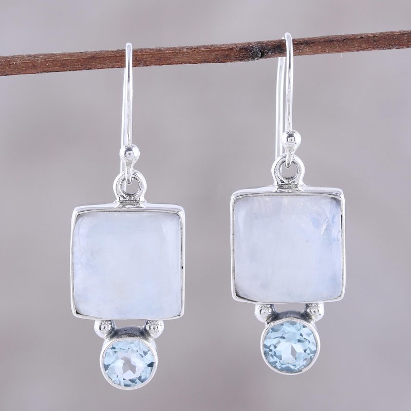 Square Rainbow Moonstone and Blue Topaz Earrings from India, "Creative Beauty"