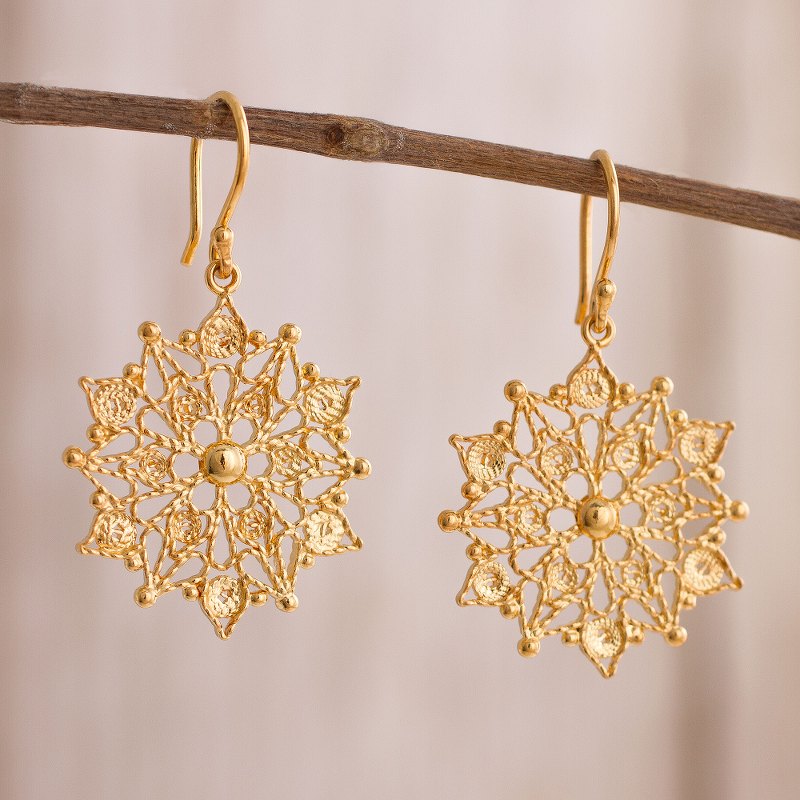 24k Gold Plated Sterling Silver Filigree Dangle Earrings, "Gleaming Mandalas"