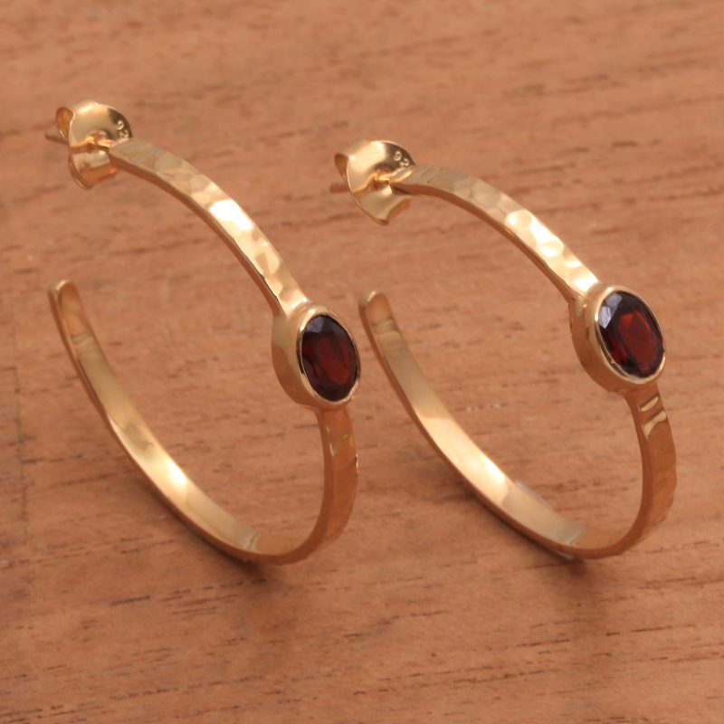 18k Gold Plated Garnet Hammered Half-Hoop Earrings, "Paradox"