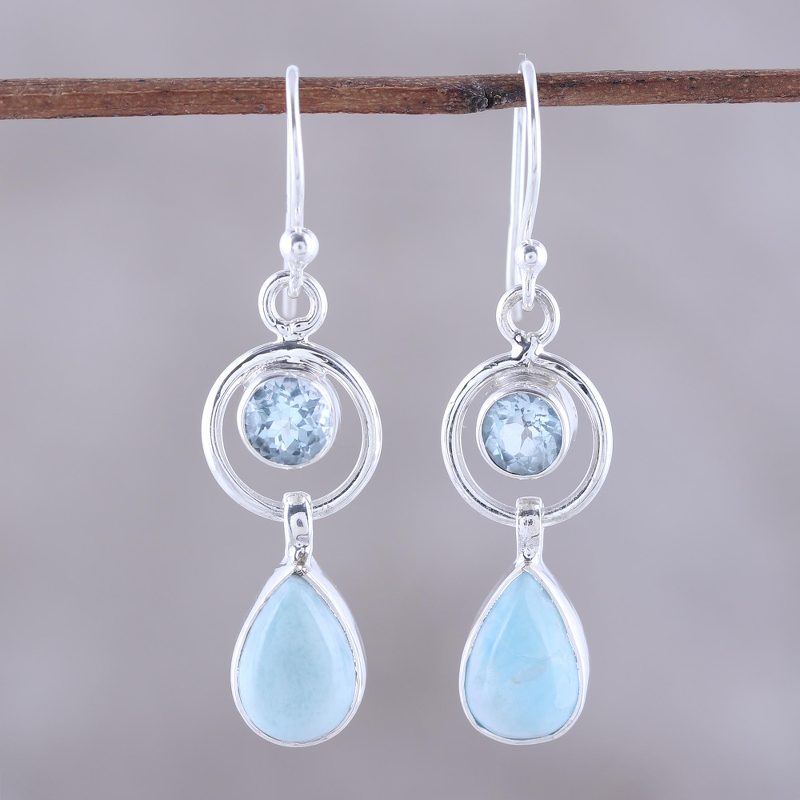 Larimar and Blue Topaz Dangle Earrings from India, "Gleaming Daylight"