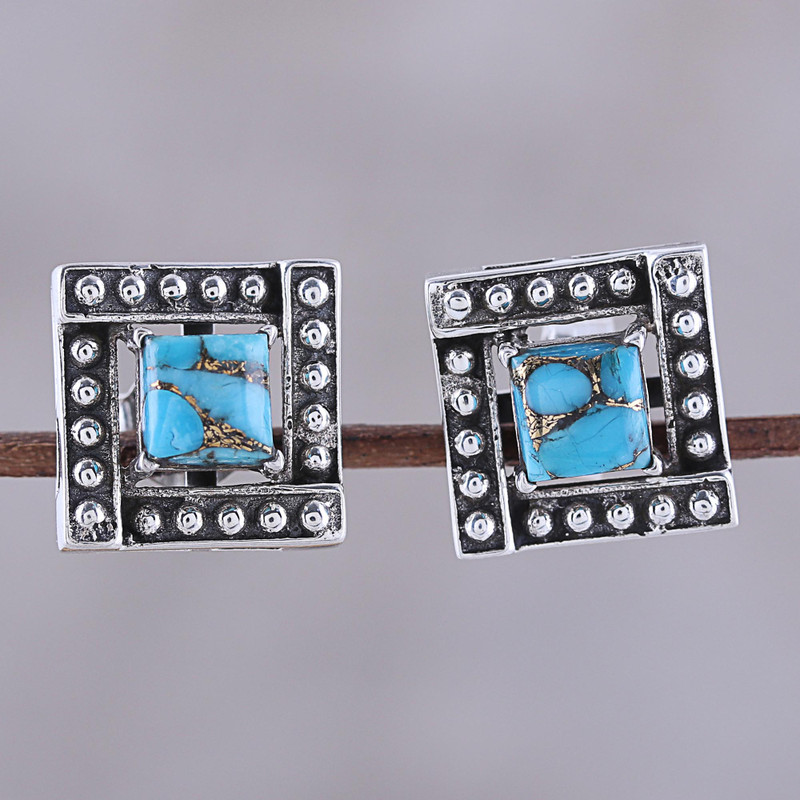 Square Blue Composite Turquoise Stud Earrings from India, "Beautiful Windows in Blue"