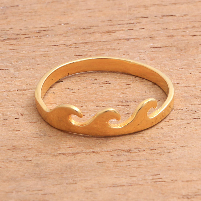 Wave Motif Gold Plated Sterling Silver Band Ring from Bali, "Indonesian Waves"
