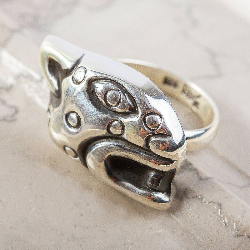 Unisex Handcrafted Sterling Silver Jaguar Head Cocktail Ring, "Prowl"