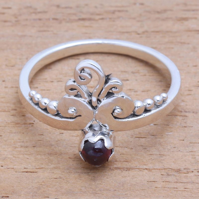 Vine Motif Garnet Band Ring from Bali, "Vine Royalty"