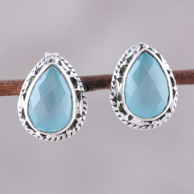 Sky Blue Chalcedony Teardrop Stud Earrings from India, "Sky Mist"
