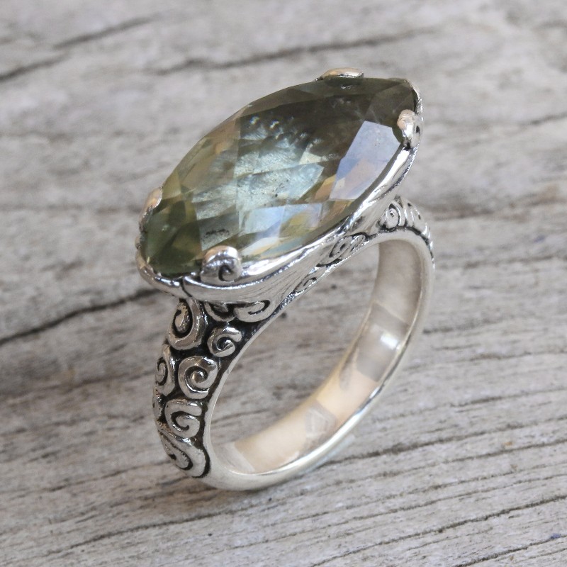 4-Carat Prasiolite Cocktail Ring from Bali, "Glittering Boat"