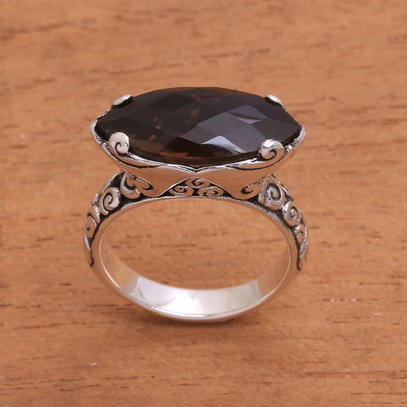 4-Carat Smoky Quartz Cocktail Ring from Bali, "Glittering Boat"