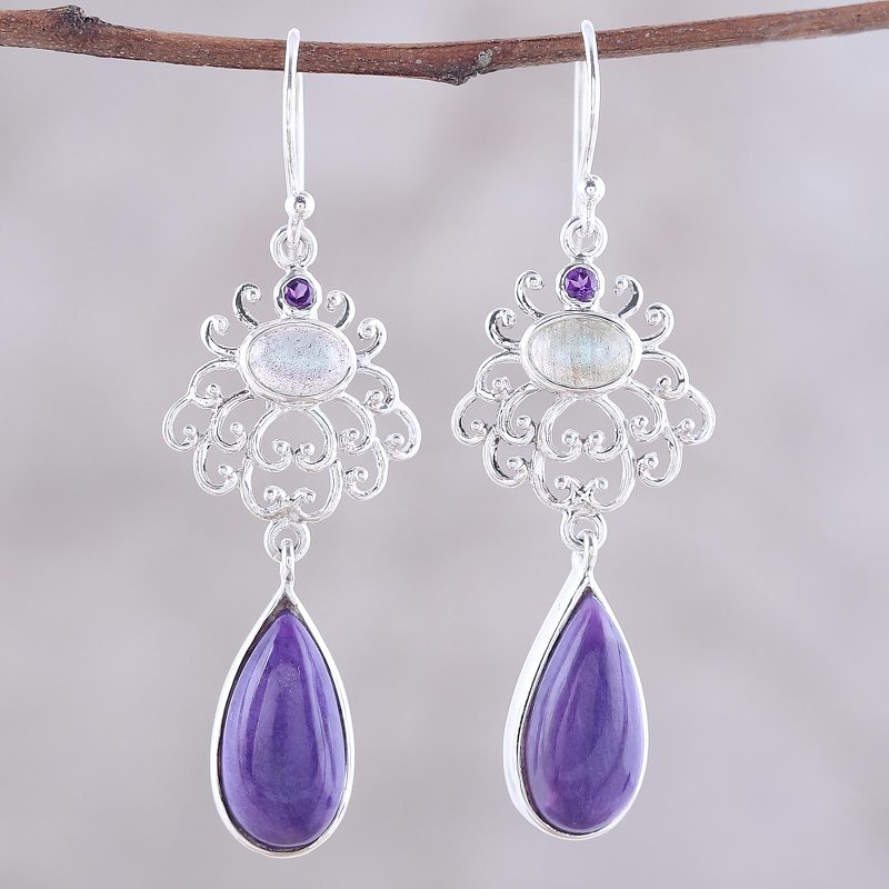Amethyst Labradorite and Charoite Sterling Dangle Earrings, "Harmonious Purple Trio"