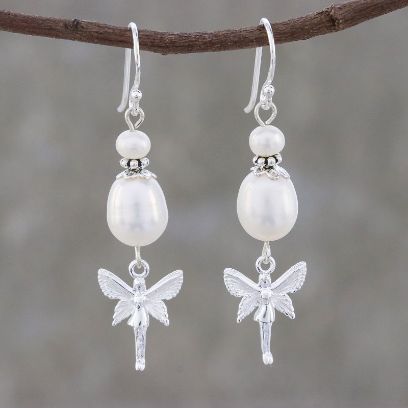Angel Themed Cultured Pearl Dangle Earrings from Thailand, "My Sweet Angel"