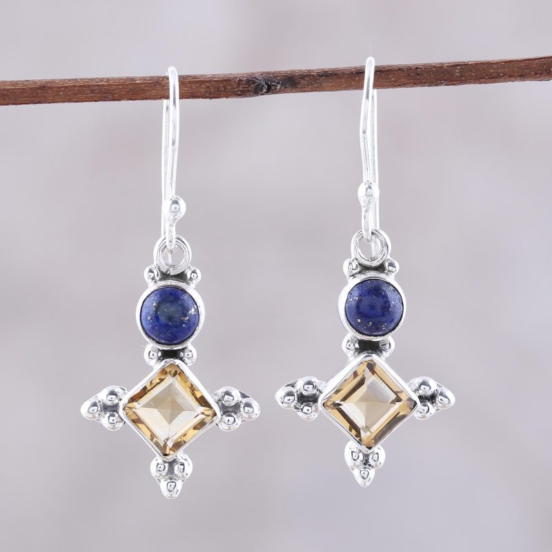 Sterling Silver Citrine and Lapis Lazuli Dangle Earrings, "Shimmering Star"