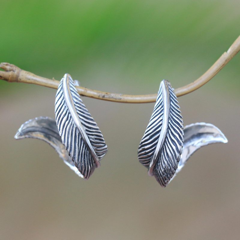 Leaf-Themed Sterling Silver Half-Hoop Earrings from Java, "Leafy Curl"