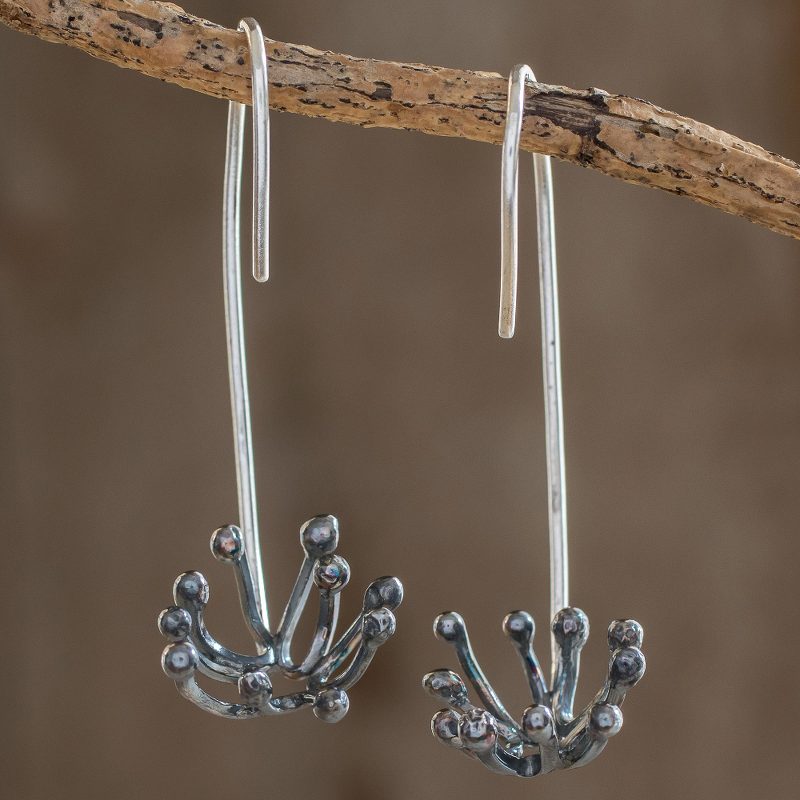 Oxidized Sterling Silver Dandelion Drop Earrings, "Dark Dandelion"