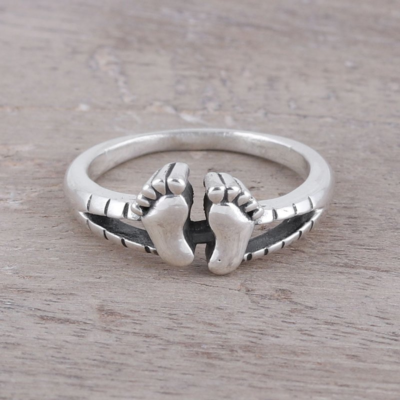 Sterling Silver Footprint Band Ring from India, "Feet"