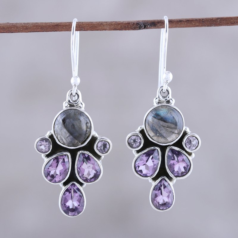 Amethyst and Labradorite Dangle Earrings from India, "Delightful Dazzle"