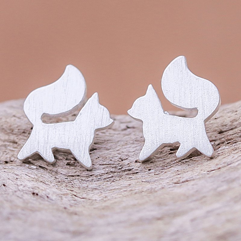 Sterling Silver Fox Stud Earrings from Thailand, "Fox Poise"