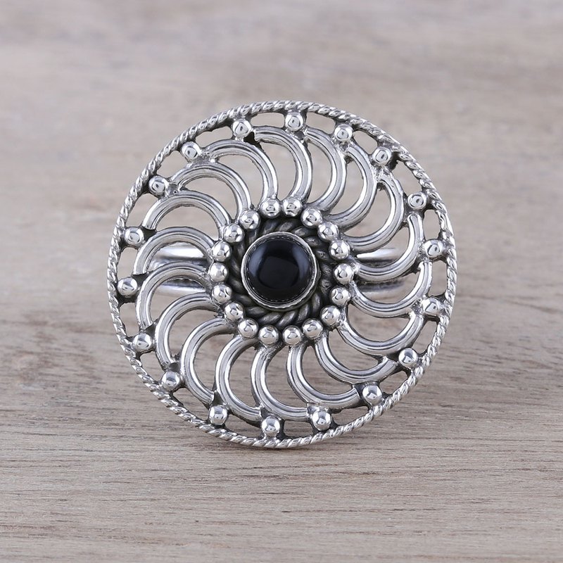 Spiral Pattern Onyx Cocktail Ring from India, "Elegant Cyclone"