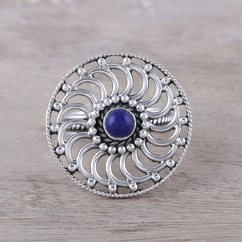 Spiral Pattern Lapis Lazuli Cocktail Ring from India, "Elegant Cyclone"
