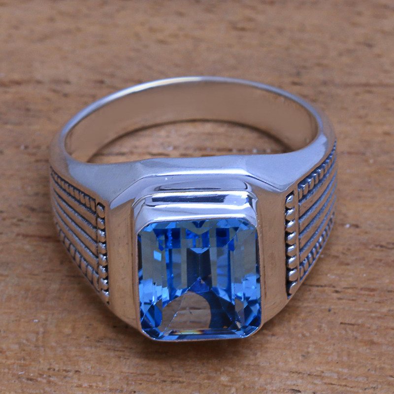Men's Blue Topaz Single Stone Ring from Bali, "Temple Glitter"