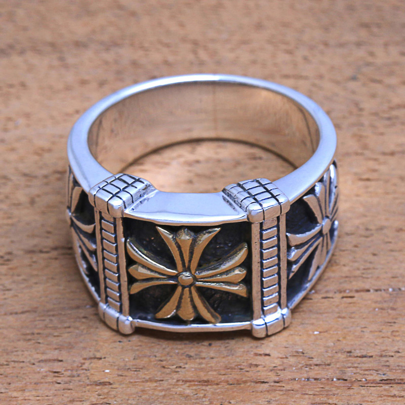 Men's Cross Motif Sterling Silver Band Ring from Bali, "Triple Cross"