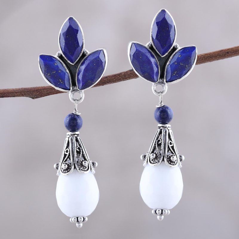 Agate and Lapis Lazuli Dangle Earrings from India, "Glowing White"