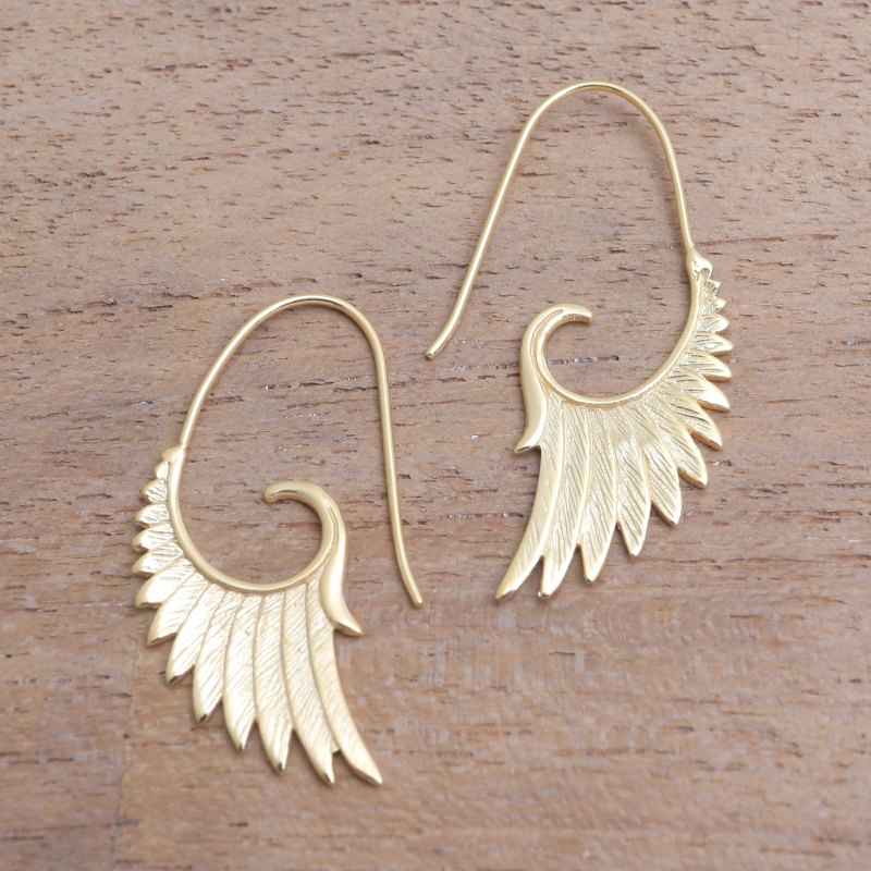 18k Gold Plated Sterling Silver Wing Half-Hoop Earrings, "Wings at Dawn"