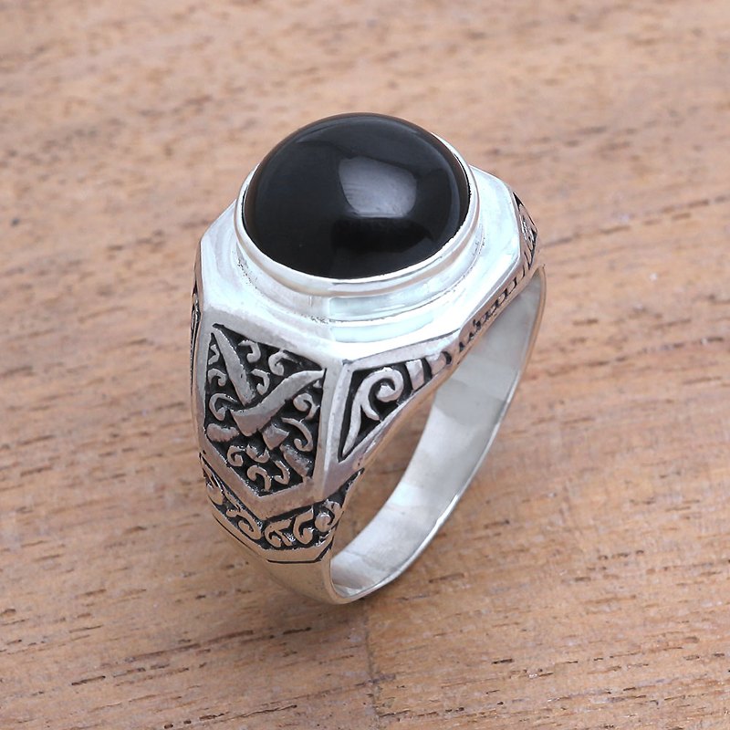 Men's Sword Motif Onyx Ring from Bali, "Warrior's Soul"
