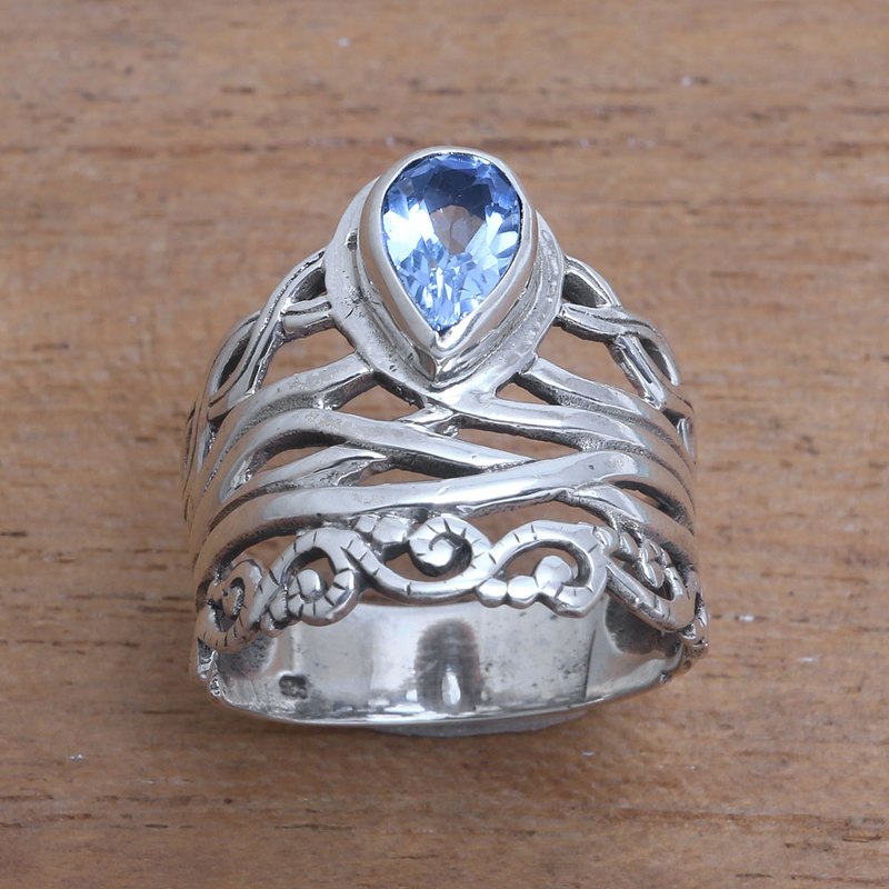 925 Sterling Silver Blue Topaz Cocktail Ring from Bali, "Gianyar Sunset"