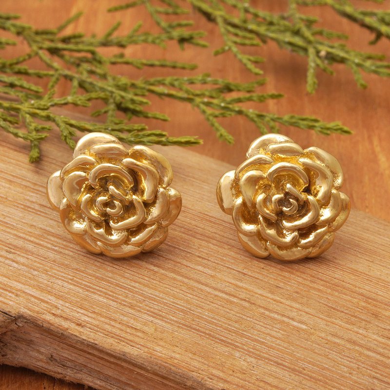 18k Gold Plated Sterling Silver Rose Stud Earrings (.5 inch), "Blooming Rose"