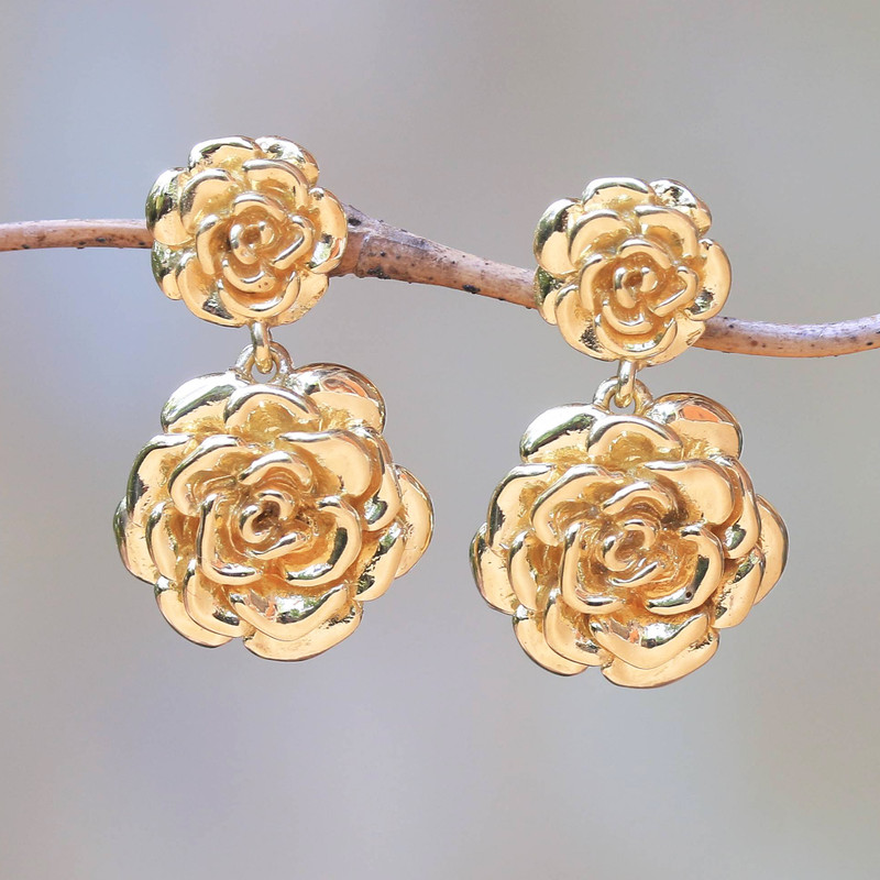 18k Gold Plated Sterling Silver Rose Dangle Earrings, "Blooming Rose"
