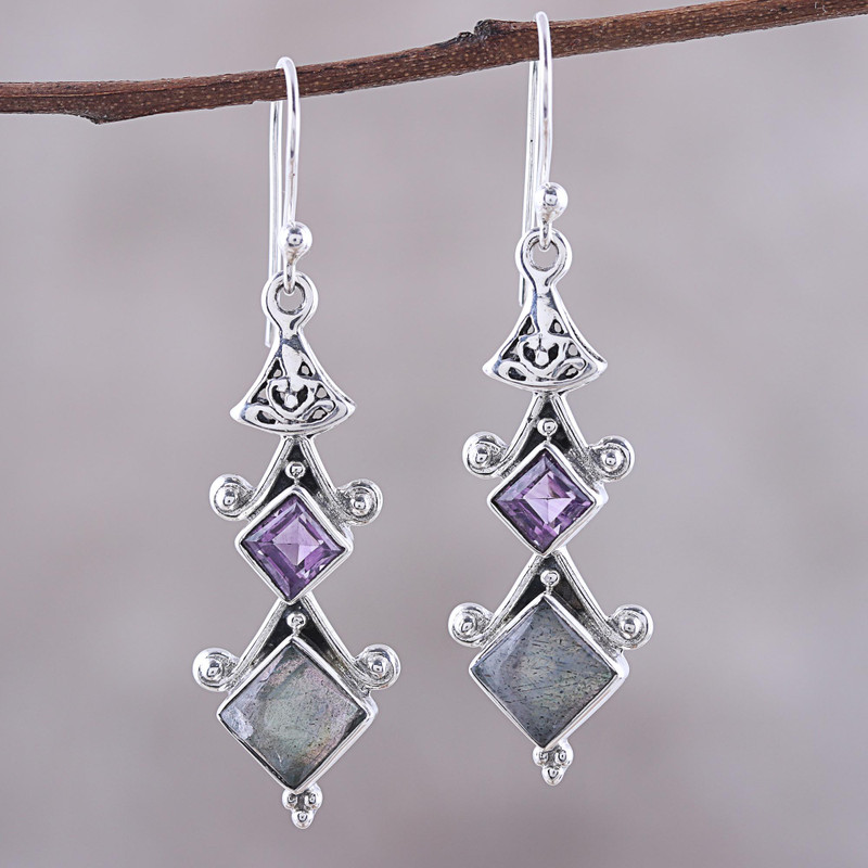 Square Labradorite and Amethyst Dangle Earrings from India, "Tower Charm"