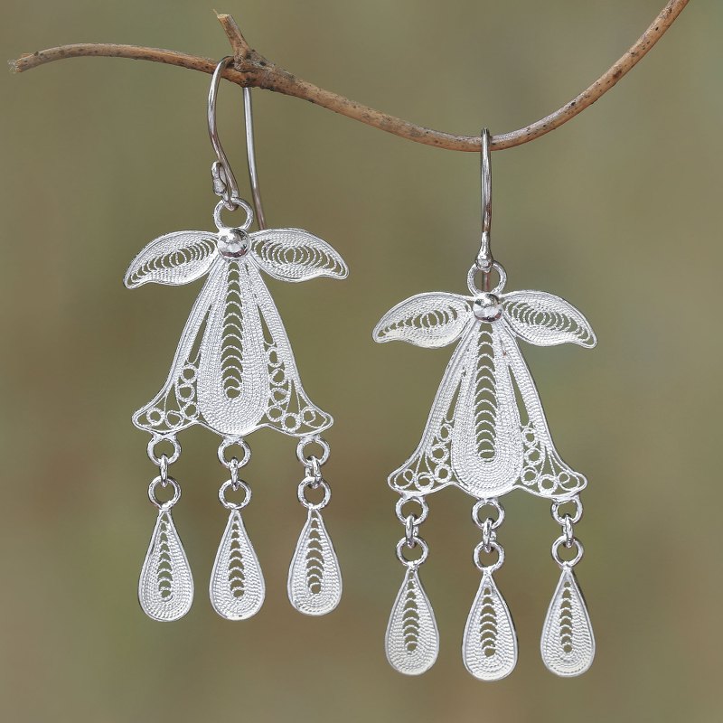 Sterling Silver Filigree Dangle Earrings Crafted in Java, "Gombyok Leaf"